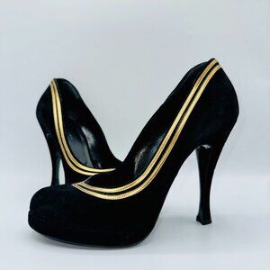 Balenciaga Black Genuine Suede Platform with Bronze Leather Pumps Heels